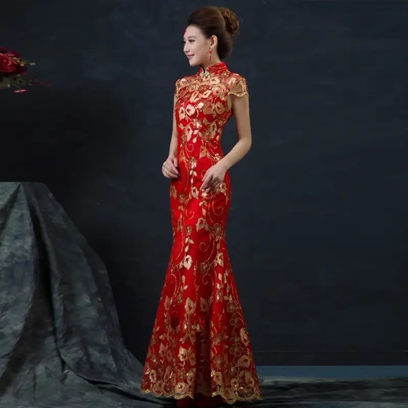 Dresses Traditional Red Gold Chinese Dress Qipao Cheongsam Wedding